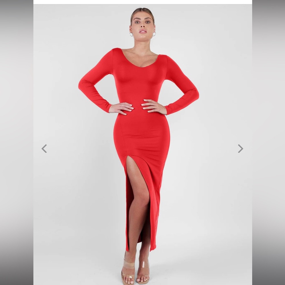 Popilush Shapewear Long Sleeve V-Neck Low Back Slimming Maxi Dress